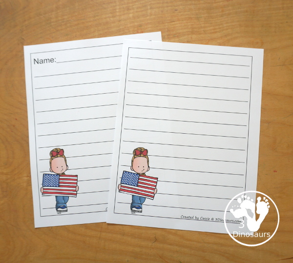 Free American Flag Writing Paper Printable - You have two different writing page lines for kids with guidelines and single line. Each type has a page with a name and without the name writing area. Great for the 4th of July or Flag Day- 3Dinosaurs.com