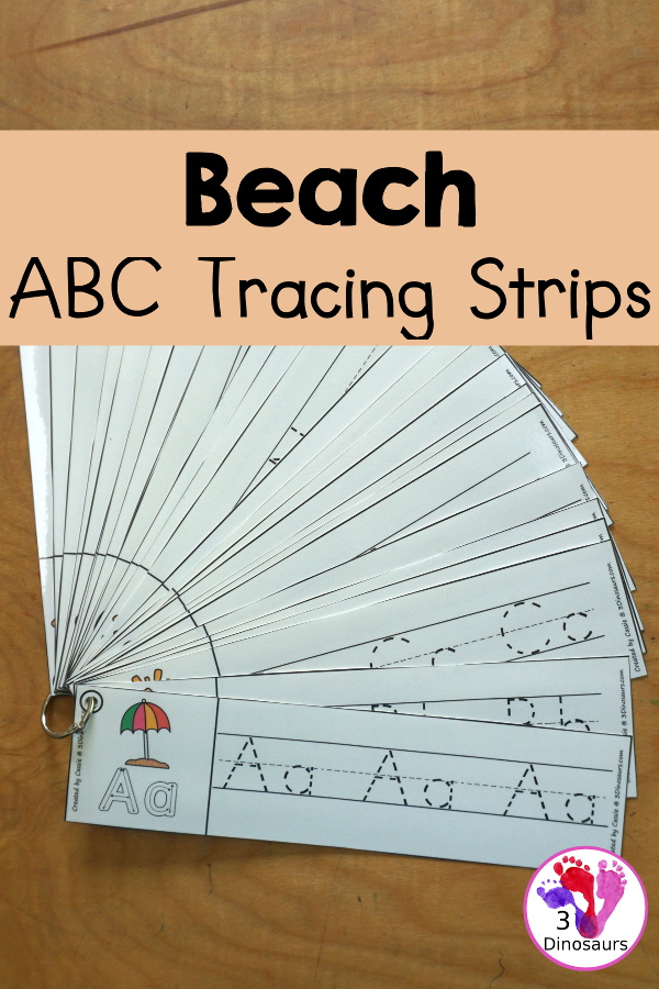Free Beach ABC Tracing Strips - with uppercase and lowercase together. You have fun kids with a Beach- plus you can see an example of how to trace the letters - 3Dinosaurs.com