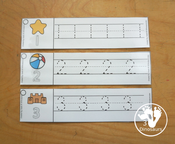 Free Beach Number Tracing Strips - with numbers 0 to 20. You can tracing the numbers and an example of how to trace the numbers on the strips, plus an beach themes on each tracing strip. - 3Dinosaurs.com