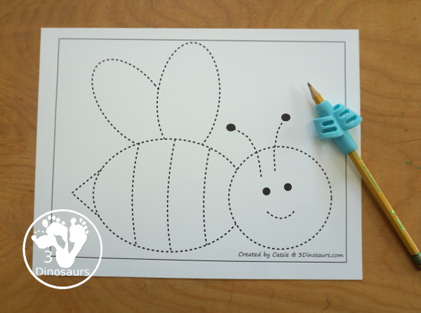 Free Bee Fine Motor Mat Printables - you have 3 fine motor mats: a bee template, a bee tracing worksheet, and a bee dot marker page. They are great for tot, preschool, prek, and kindergarten - 3Dinosaurs.com - 3Dinosaurs.com
