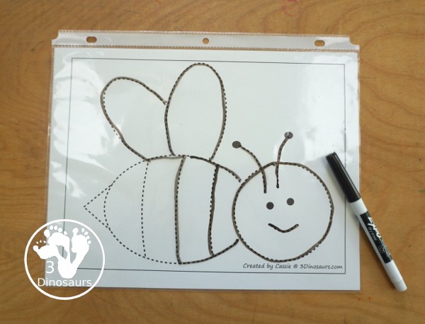 Free Bee Fine Motor Mat Printables - you have 3 fine motor mats: a bee template, a bee tracing worksheet, and a bee dot marker page. They are great for tot, preschool, prek, and kindergarten - 3Dinosaurs.com - 3Dinosaurs.com