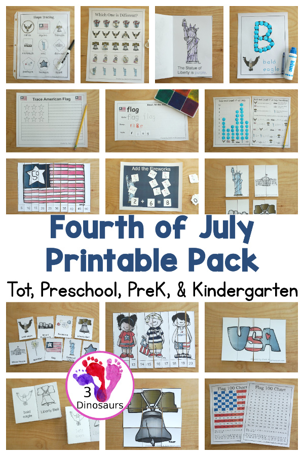 Free 4th of July Pack for Tot, PreK & Kindergarten - a mix of Fourth of July hands-on printables and Fourth of July worksheets for kids. A mix of great activities for kids to learn different words that are about the Fourth of July. 3Dinosaurs.com