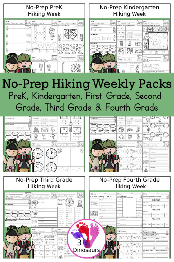 No-Prep Hiking Weekly Packs PreK, Kindergarten, First Grade, Second Grade, Third Grade & Fourth Grade with 5 days of activities to do for each grade level with tree words - You will find a mix of math, language, and more - These are easy to use packs for homework and morning work. Easy no-prep printables for kids with four pages for each day. - 3Dinosaurs.com