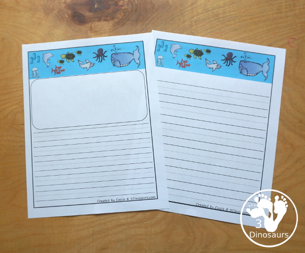 Free Ocean Writing Paper - you have four pages of writing paper with guidelines and single page lines. You have a space for drawing and lines or just a page with lines for kids to have fun writing. 3Dinosaurs.com