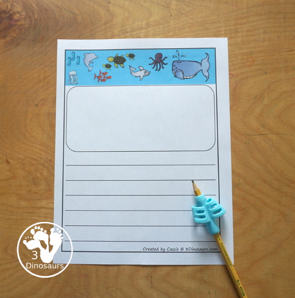 Free Ocean Writing Paper - you have four pages of writing paper with guidelines and single page lines. You have a space for drawing and lines or just a page with lines for kids to have fun writing. 3Dinosaurs.com