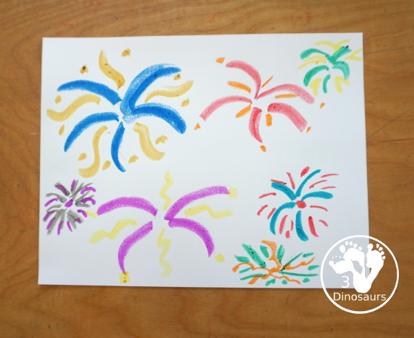 Paint Stick Fireworks Painting For Kids - a super simple firework painting for kids. And is loads of fun to make for preschool, prek, and kindergarten age kids. And older kids can make these fireworks painting as well - 3Dinosaurs.com