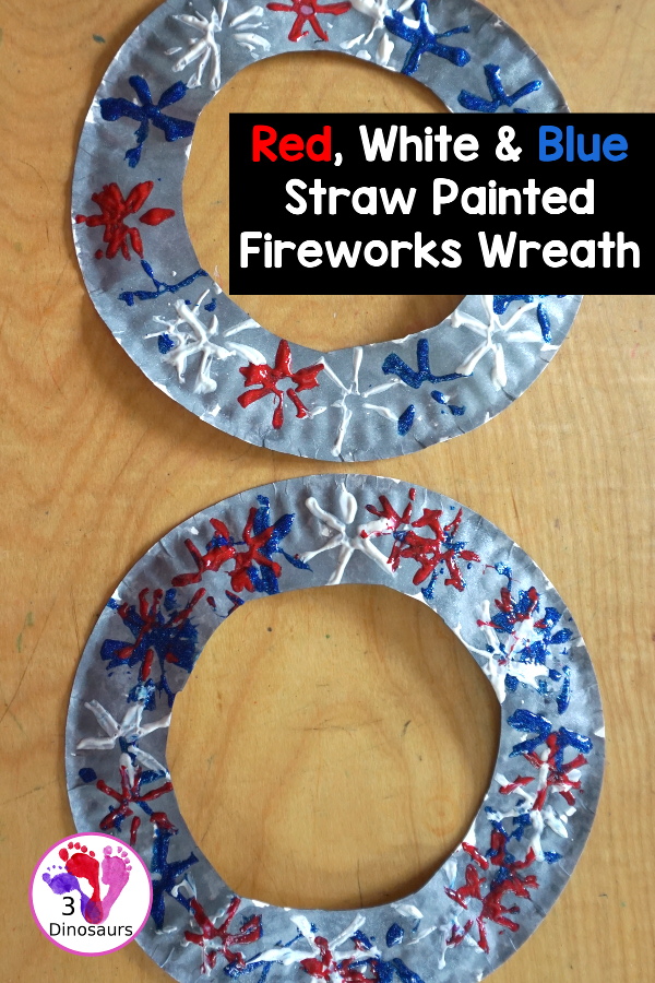 Red, White & Blue Straw Painted Fireworks Wreath - a fun firework themed wreath for the Fourth of July with red, white, and blue colors. A simple painting craft you can do with kids. - 3Dinosaurs.com