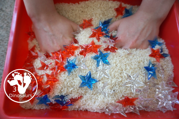 Red, White & Blue Star Sensory Bin for the Fourth of July - A simple sensory bin with red, white and blue stars with a rice filler. A great way to work on color for the 4th of July with kids in preschool, prek and kindergarten - 3Dinosaurs.com