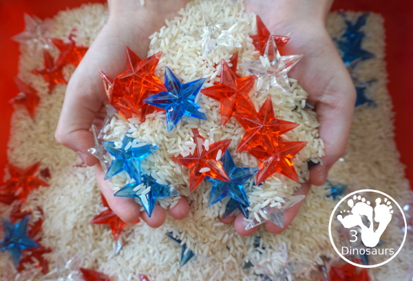 Red, White & Blue Star Sensory Bin for the Fourth of July - A simple sensory bin with red, white and blue stars with a rice filler. A great way to work on color for the 4th of July with kids in preschool, prek and kindergarten - 3Dinosaurs.com