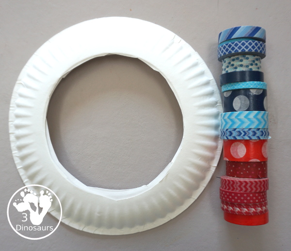 Red, White, and Blue Washi Tape Wreath - a simple paper plate wreath made with washi tape with colors for the Fourth of July. 3Dinosaurs.com