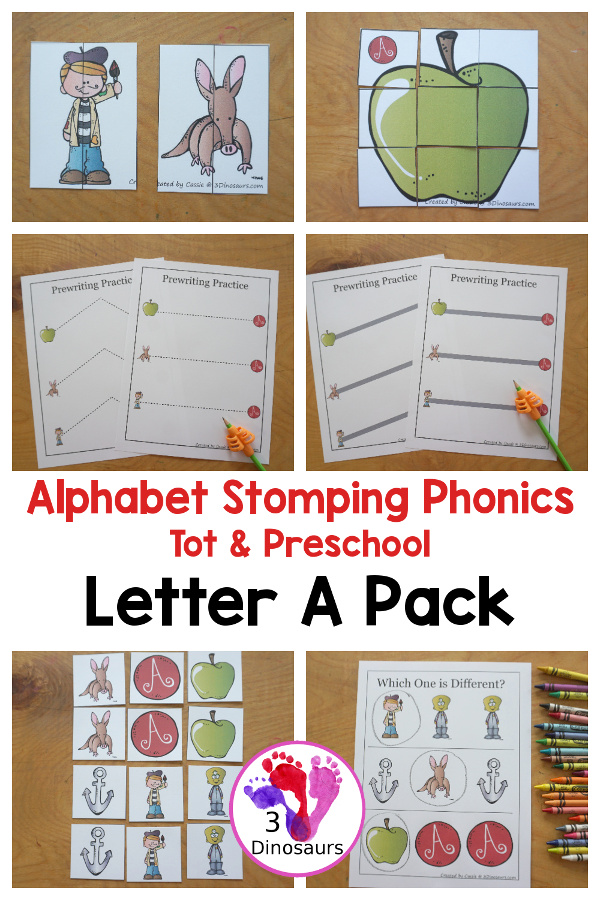 Free Alphabet Stomping Phonics A Tot-Preschool Pack - a fun letter pack with Prewriting, which is different, matching and puzzles all working on the Letter A. An easy, fun learning pack for the Letter A. - 3Dinosaurs.com. - 3Dinosaurs.com