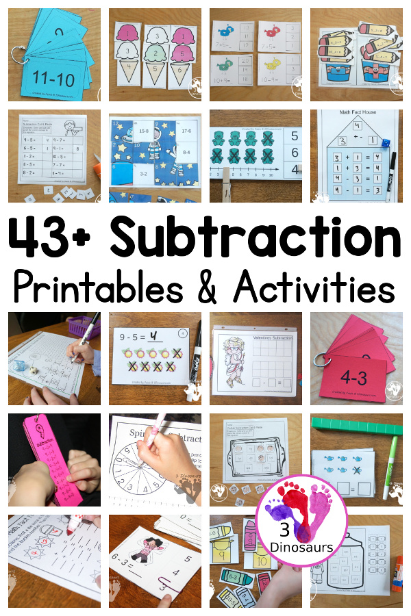 43+ Subtraction Printables & Activities for kindergarten, first grade, and second grade with hands-on activities, flashcards, help mats, themed mats and more - 3Dinosaurs.com