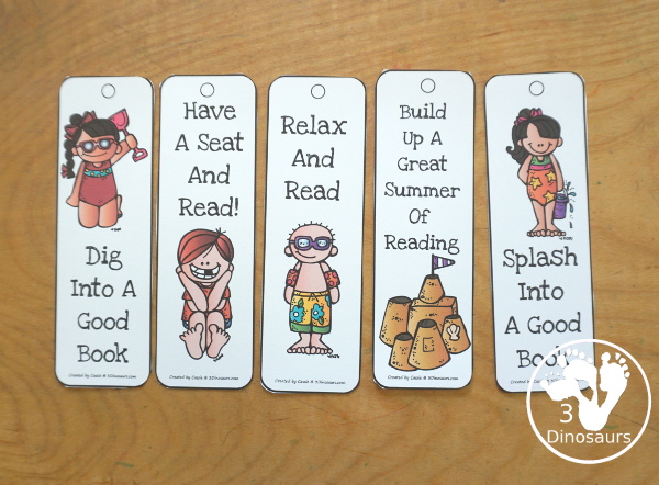 Free Summer Themed Bookmarks - 12 different bookmarks to pick from, all with fun summer themes and phrases for kids who need bookmarks or a fun place holder in a book. 3Dinosaurs.com