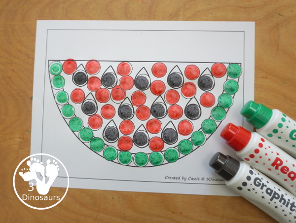 Free Watermelon Fine Motor Mat Printables: watermelon dot marker page. A  dot marker page for the watermelon for kids to dot. There are great for preschool, prek and kindergarten- 3Dinosaurs.com