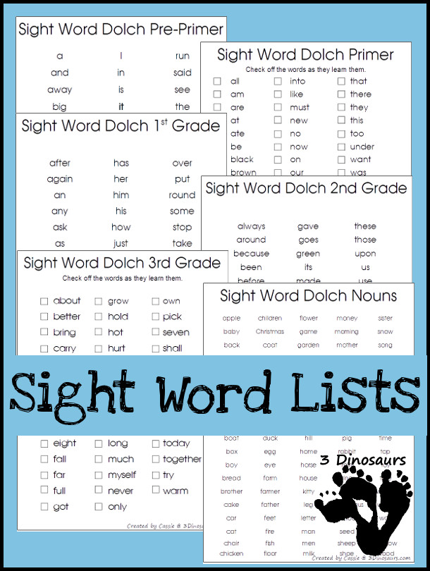 Free Sight Words Dolch Lists- two list types for each sight word list in the Dolch Sight Word lists - You have all 6 dolch sight word lists that you can print and use with kids or keep track of the words.  3Dinosaurs.com