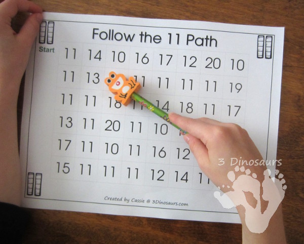 Free Romping & Roaring Number 11 - using number paths for math - 3Dinosaurs.com