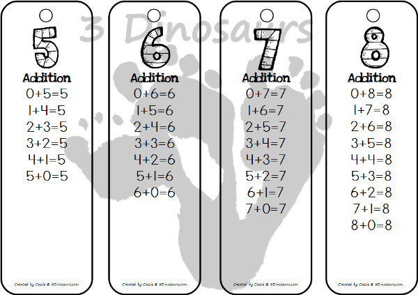 Free Addition Bookmarks - Numbers 1 to 20 - 3Dinosaurs.com