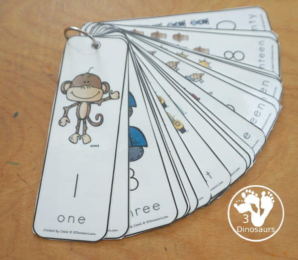 Free Number Bookmarks - Numbers 1 to 20 You have pictures that count up to the number, the numerical number and number word on each bookmark. A fun way to review or learn numbers. - 3Dinosaurs.com