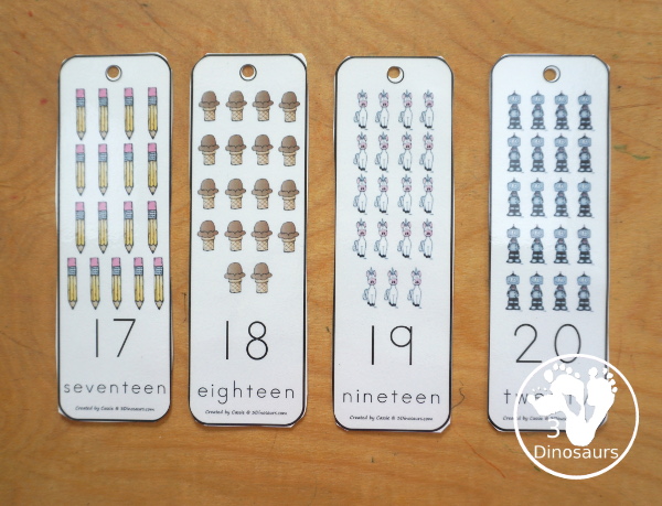 Free Number Bookmarks - Numbers 1 to 20 You have pictures that count up to the number, the numerical number and number word on each bookmark. A fun way to review or learn numbers. - 3Dinosaurs.com