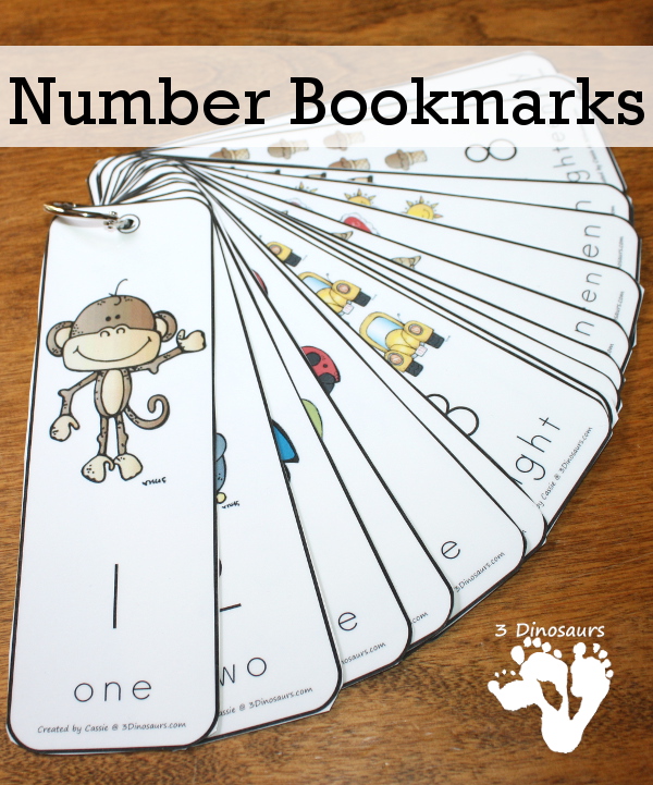 Free Number Bookmarks - Numbers 1 to 20 You have pictures that count up to the number, the numerical number and number word on each bookmark. A fun way to review or learn numbers. - 3Dinosaurs.com
