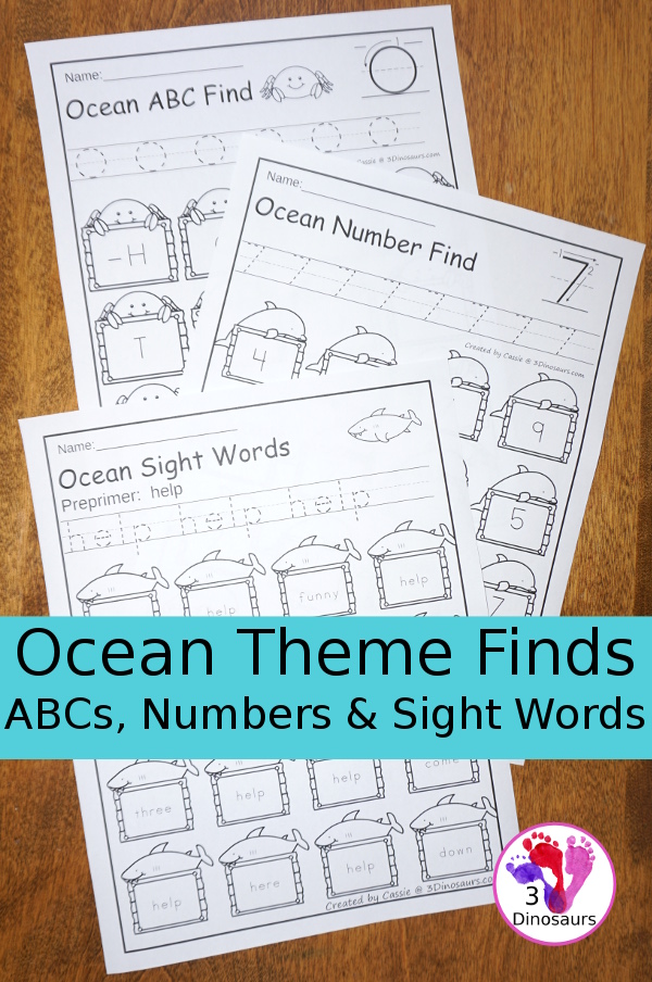 No-Prep Ocean Themed Finds: ABCs, Numbers & Sight Words - easy no-prep printables with a fun ocean theme for ABCs, Numbers, and Sight Words: Dolch Preprimer and Primer $ - 3Dinosaurs.com