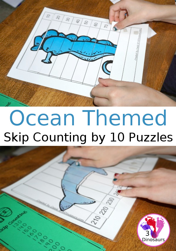 Free Hands-On Ocean Themed Skip Counting by 10 Puzzles - 4 pages of puzzles with template - 3Dinosaurs.com