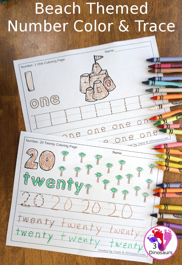 Beach Number Color & Trace - three fun themes with genereal beach, shells and sand dollars - 3Dinosaurs.com
