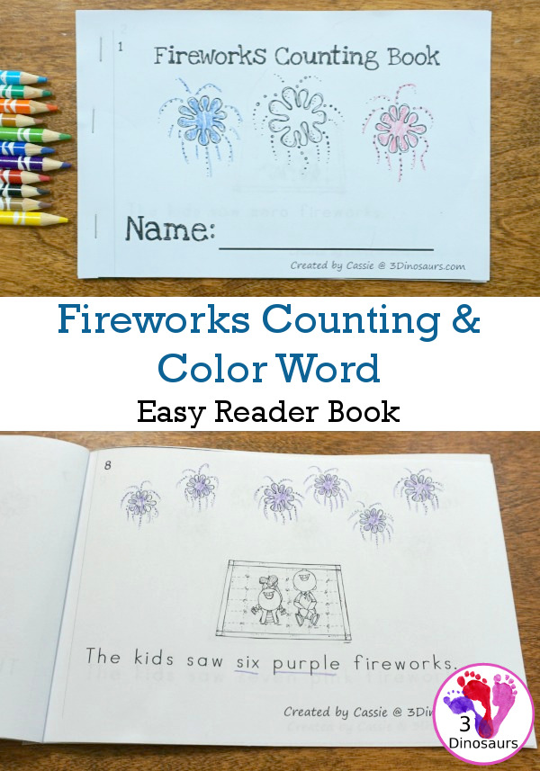 Free Fireworks Themed Counting & Color Word Easy Reader Book - numbers 0 to 10 with 10 colors words for kids to work on  - 3Dinosaurs.com