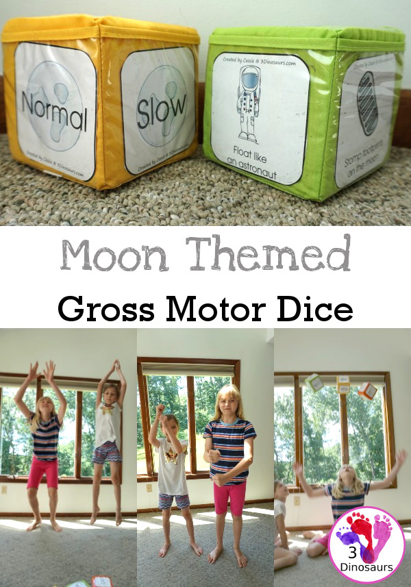 Free Moon Themed Gross Motor Dice -  6 action movements included with dice and dice inserts - 3Dinosaurs.com #space #themoon #grossmotor #freeprintable 