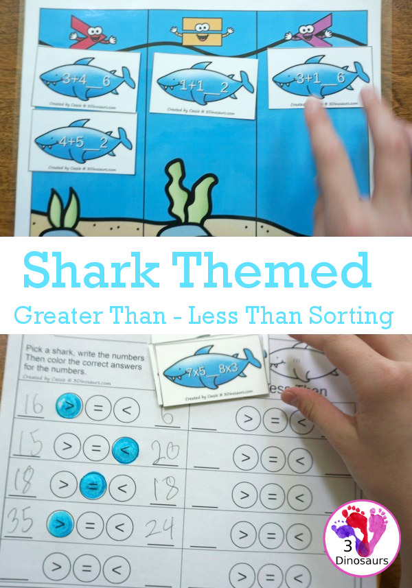 Free Shark Themed Greater Than - Less Than Sorting - with math sharks and recording sheet with 4 levels of sharks: numbers, addition, double digits and multiplication - 3Dinosaurs.com