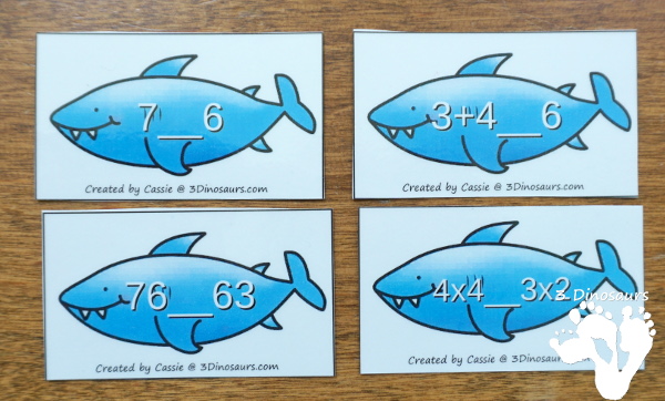 Free Shark Themed Greater Than - Less Than Sorting - with math sharks and recording sheet with 4 levels of sharks: numbers, addition, double digits and multiplication - 3Dinosaurs.com