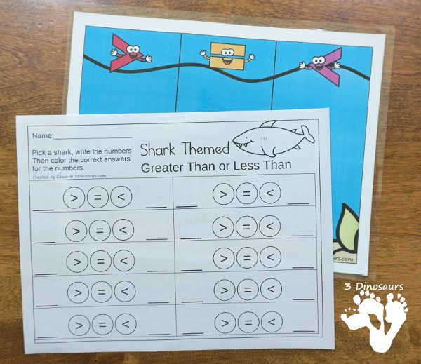 Free Shark Themed Greater Than - Less Than Sorting - with math sharks and recording sheet with 4 levels of sharks: numbers, addition, double digits and multiplication - 3Dinosaurs.com