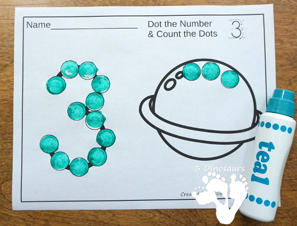 Space Dot the Number & Count the Dots - numbers 1 to 20 with dot marker activities for kids to work on numbers and counting - 3Dinosaurs.com