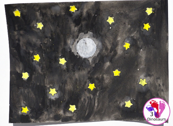 Watercolor & Oil Pastel Night Sky - a fun art project for a night sky theme with a full moon - 3Dinosaurs.com