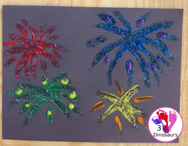 Finger Painting Fireworks with Glitter Paint for kids - easy and fun sensory painting activity that is a great way to make fireworks. - 3Dinosaurs.com