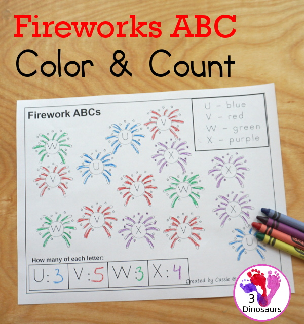 Free No-Prep Fireworks ABC Color & Count - with 4 uppercase letters per page with 7 pages of printables - 3Dinosaurs.com