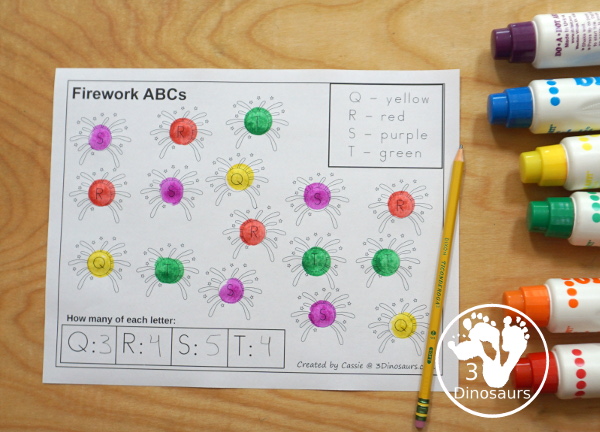 Free No-Prep Fireworks ABC Color & Count - with 4 uppercase letters per page with 7 pages of printables - 3Dinosaurs.com