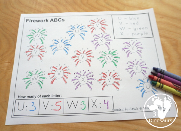 Free No-Prep Fireworks ABC Color & Count - with 4 uppercase letters per page with 7 pages of printables - 3Dinosaurs.com