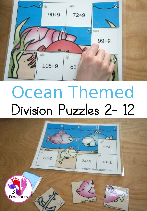 Hands-On Learning with Ocean Themed Division Puzzles -11 puzzles and mats to work on division from 2 to 12 with a fun way to learn. - 3Dinosaurs.com