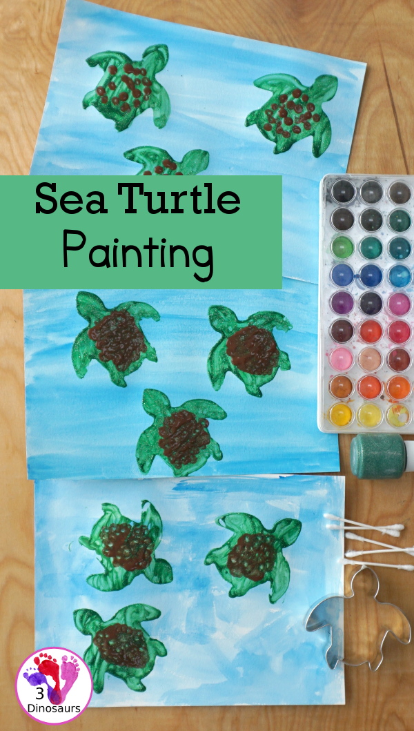 Sea Turtle Painting with Cookie Cutters for Kids - an easy sea turtle painting activities that kids of different ages can do with cookie cutters - 3Dinosaurs.com