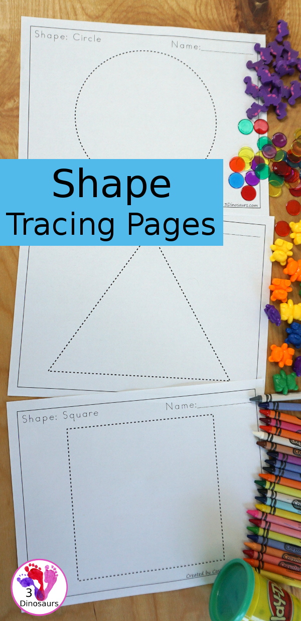 Free Shape Tracing pages with 12 shapes that are large and fun to trace, color, place objects on or playdough - 3Dinosaurs.com  #3dinosaurs #kindergarten #prek #shapes #freeprintable