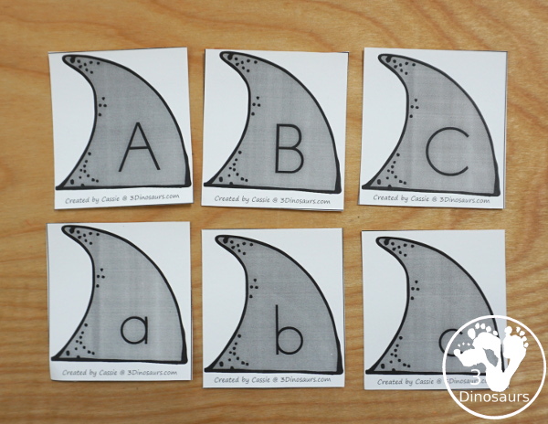 Free Hands-On Shark ABC Matching Printable - all 26 letters of the alphabet with shark fin uppercase and lowercase letters and sorting ocean themed mats - 3Dinosaurs.com