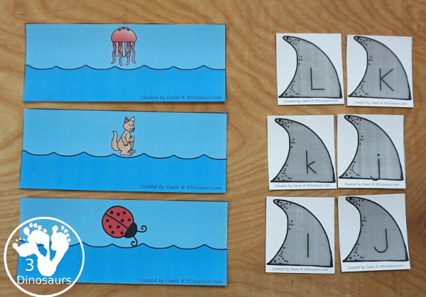 Free Hands-On Shark ABC Matching Printable - all 26 letters of the alphabet with shark fin uppercase and lowercase letters and sorting ocean themed mats - 3Dinosaurs.com