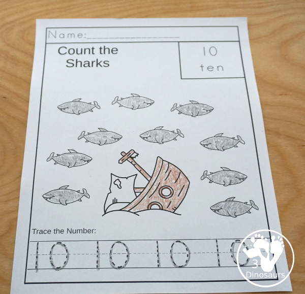 Shark Activity Pack: numbers - works on 0 to 10 for kids to learn numbers in an easy no-prep page to color and trace numbers. - 3Dinosaurs.com