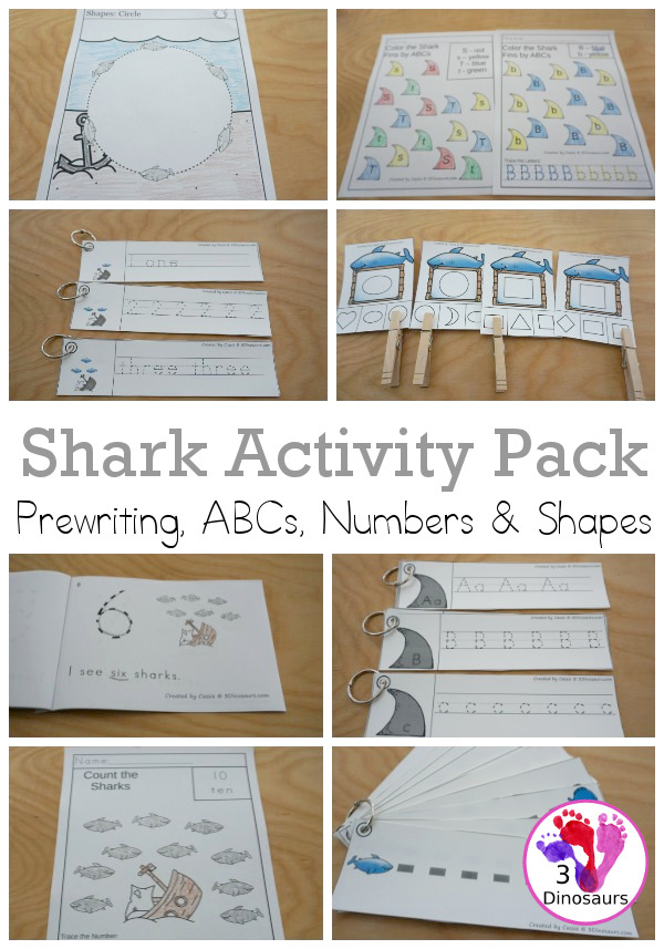 Shark Activity Pack: Prewriting, Shapes, ABCs & Numbers - a fun activity pack with 189 pages of printables with a mix of no-prep, easy reader books and clip cards for learning with a shark theme for kids to try out and learn with printables that all work together.  - 3Dinosaurs.com