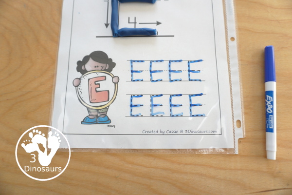 Free ABC Uppercase Letter Tracing Pages with Playdough Mats - with playdough mat letter with showing the tracing and then two trace options for the letters - 3Dinosaurs.com