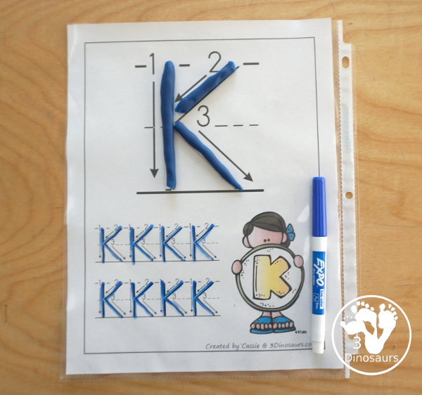 Free ABC Uppercase Letter Tracing Pages with Playdough Mats - with playdough mat letter with showing the tracing and then two trace options for the letters - 3Dinosaurs.com