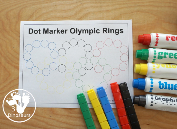 Free Dot Marker Olympic Rings - fun fine motor printable for working on making the Olympic Rings with dots - 3Dinosaurs.com