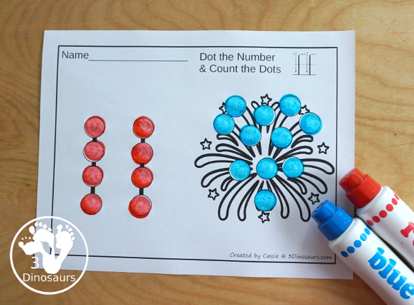 Fireworks Number Dot Marker & Counting with numbers 1 to 20 with a bonus 0 for kids to use. You have dot the number and count the dots on the picture - 3Dinosaurs.com