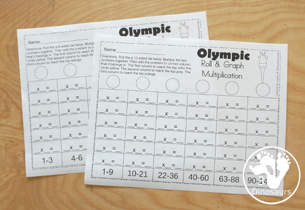 Free Olympic Roll and Graph Math for Addition & Multiplication - fun printables to work on math during the Olympics with rolling and filling out the graph - 3Dinosaurs.com
